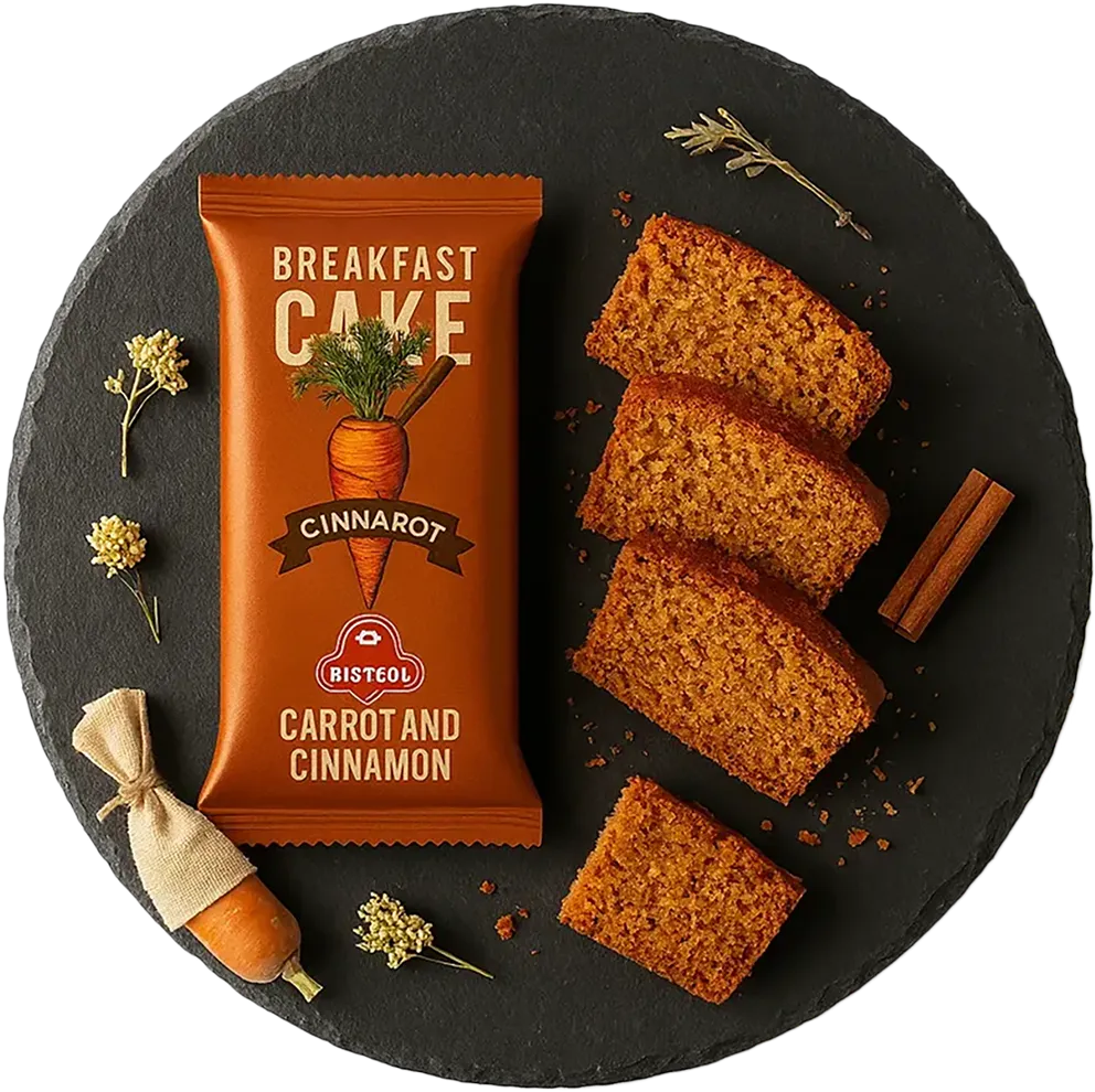 کیک هویج و دارچین بسته ‌بندی و برش خورده در بشقاب